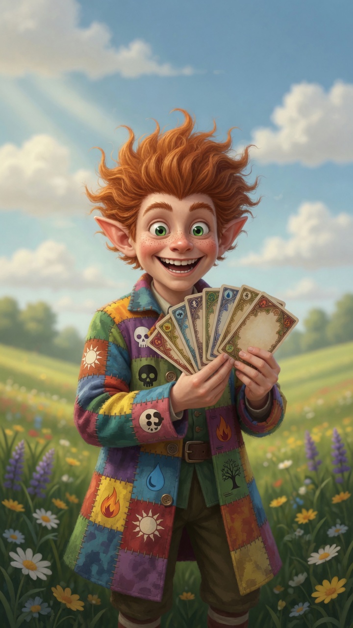 ManaDork in a multicolor patchwork coat, standing further back in a meadow with blank cards